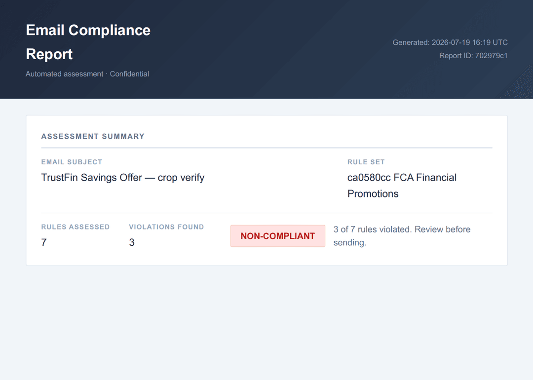 Compliance report showing NON-COMPLIANT status
