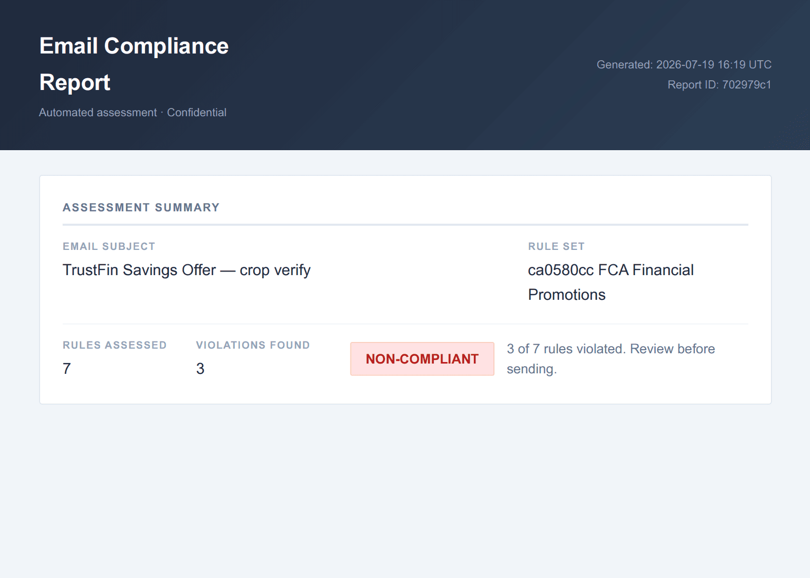 Compliance report showing assessment summary